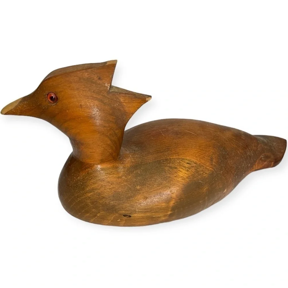 12.5” Wooden Carved Duck Decoy Brown Stripped Wood
